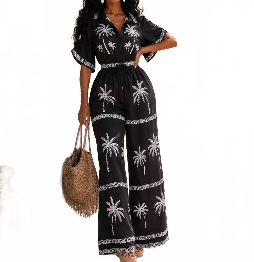 NEW LITTLE SECRET OF MINE palm print wide leg jumpsuit in tropical gateway